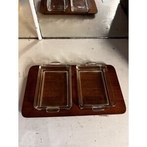 MCM Mid Century Vintage Digsmed Denmark Teak Wood 2 Tray Glass Serving Dish